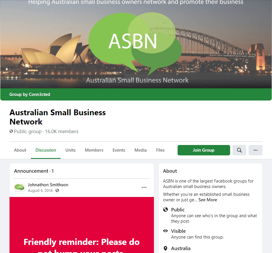 Australian small business network Facebook group screenshot