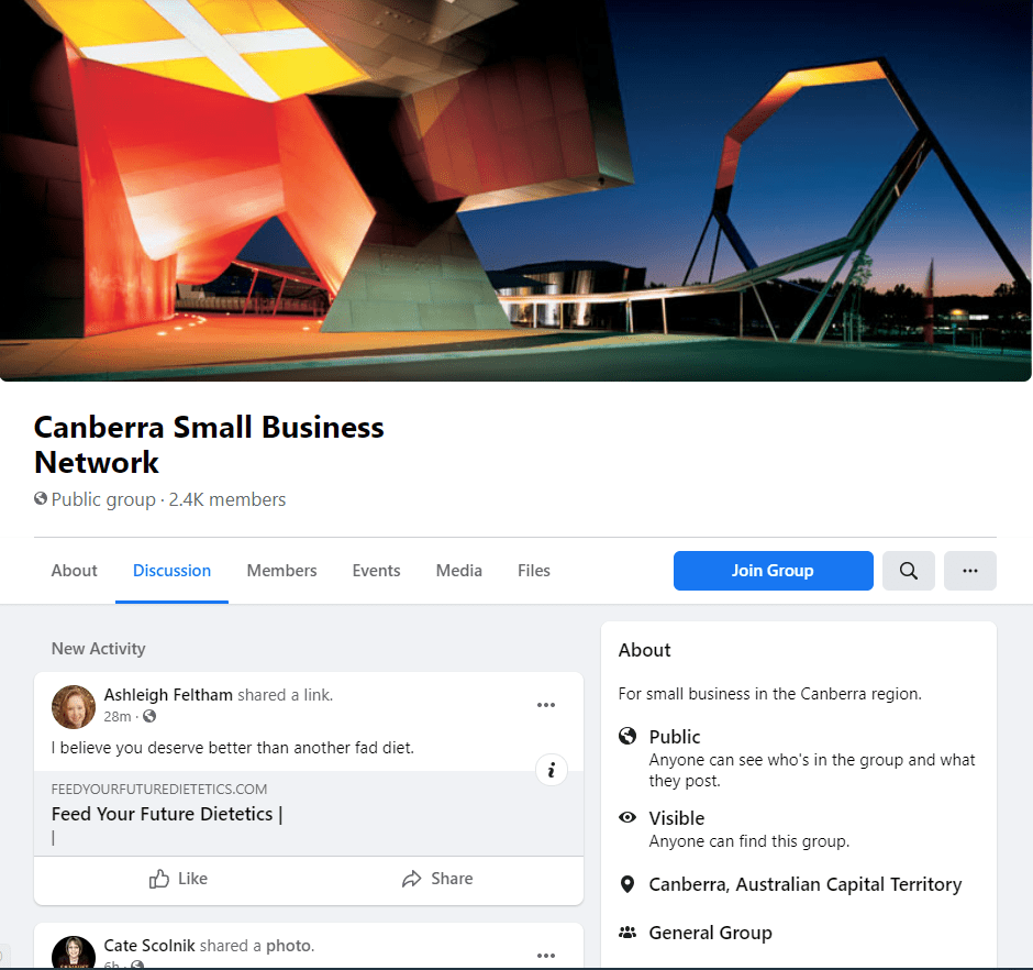 Canberra small business network Facebook group screenshot