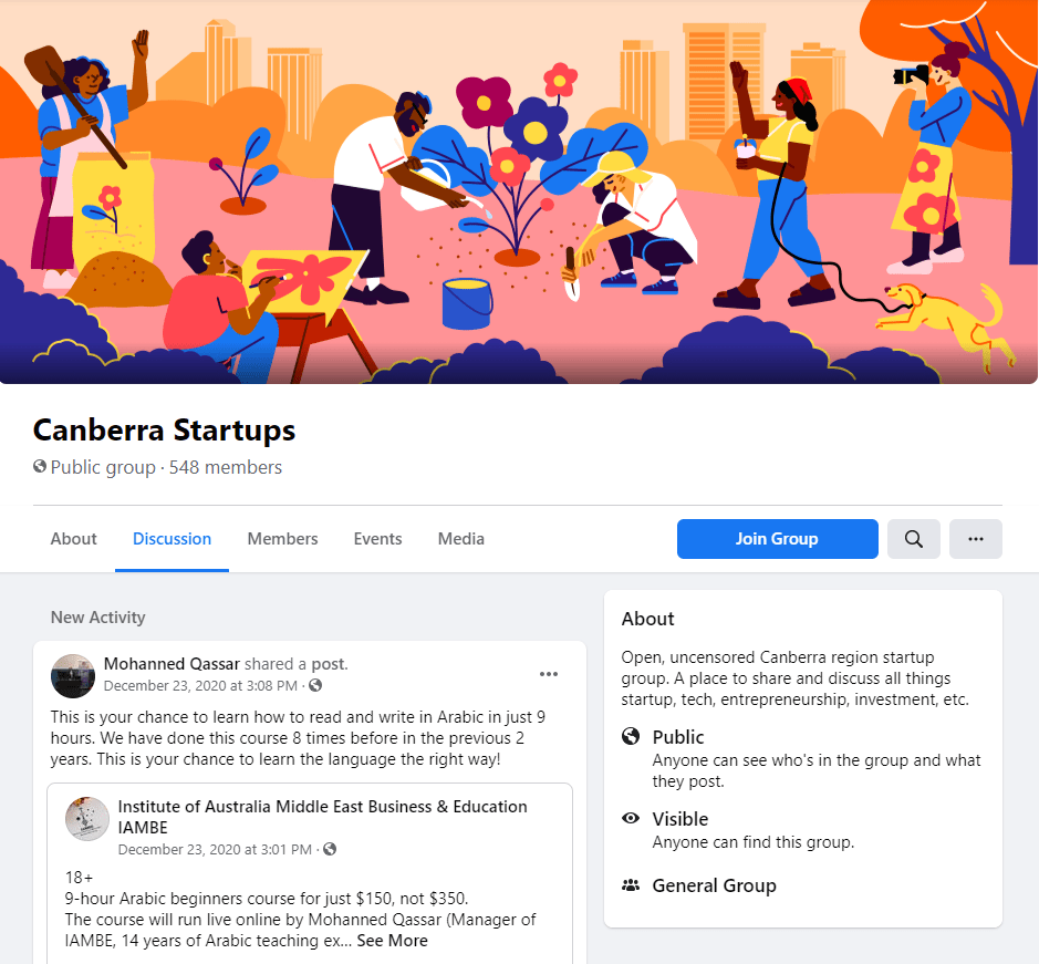 Canberra startups Facebook group screenshot