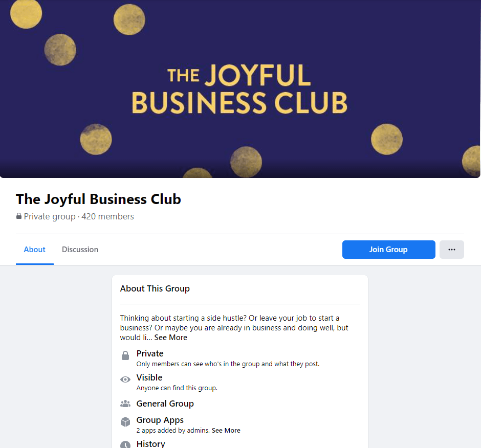 The Joyful Business Club Facebook group screenshot